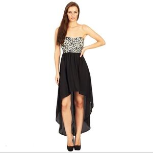 FOREIGN EXCHANGE Animal Print Strapless Bandeau Dress With Hi Lo Fit Black Small